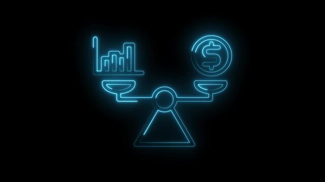 Balance between financial growth and currency neon concept demonstrating economic stability on black background