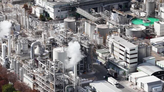Chemical plant production facility with industrial infrastructure aerial view