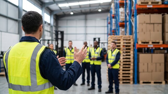 Responsable logistique donnant un briefing de s&eacute;curit&eacute; &agrave; une &eacute;quipe d&rsquo;employ&eacute;s dans un entrep&ocirc;t moderne