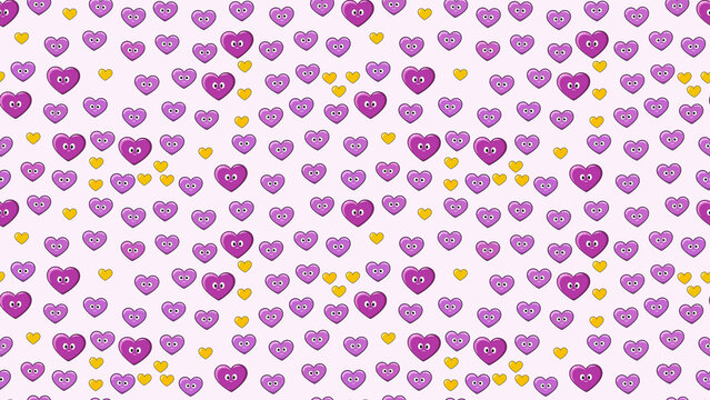 Seamless pattern of purple cartoon hearts with faces