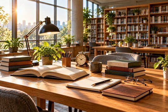 Sunlit wooden desk in a cozy library, open books and study materials on a tabletop, warm academic office interior with bookshelves and plants