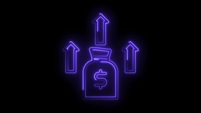 Glowing dollar bag with ascending arrows depicting investments and increasing profits on black