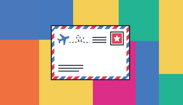 Airmail envelope icon with airplane and stamp design set against a background of colorful rectangular blocks for postal service branding.