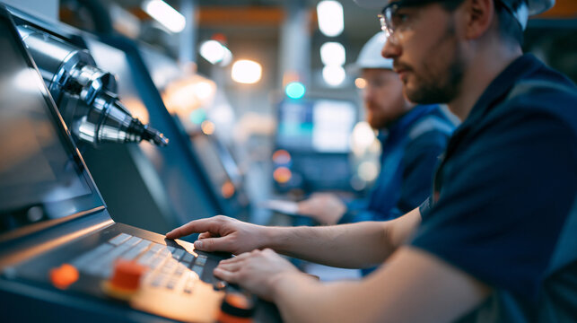 CNC machine operation training session featuring faceless factory workers at a control panel, industrial technical education concept, with copy space