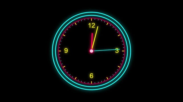 Futuristic neon holographic clock dial on black background