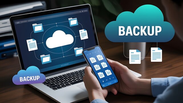 A digital illustration of cloud computing and data backup on a laptop and smartphone for secure file storage and management