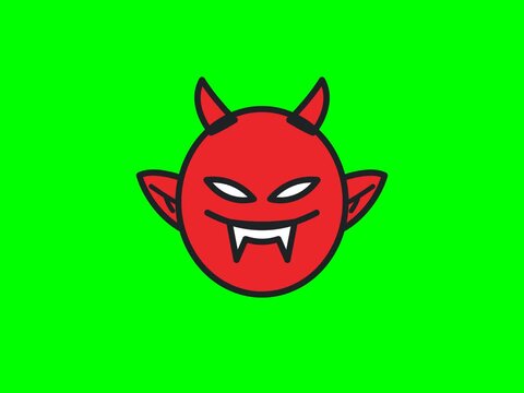 Cute cartoon devil head with sharp horns and fangs in vibrant red, an iconic mischievous character on a bold green background, perfect for spooky or fun themes