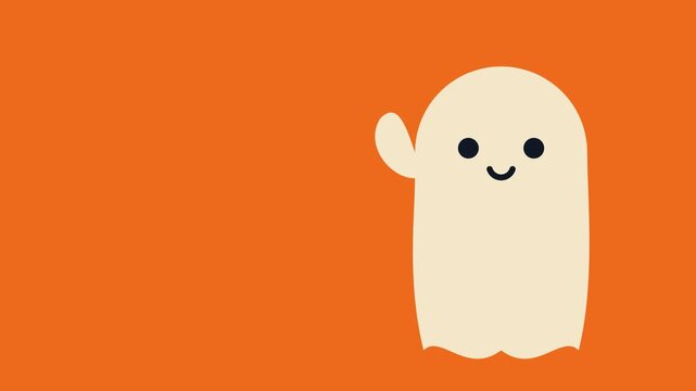 A charming and friendly white cartoon ghost illustration with a happy expression, waving hello against a vibrant orange background, perfect for fun and playful designs