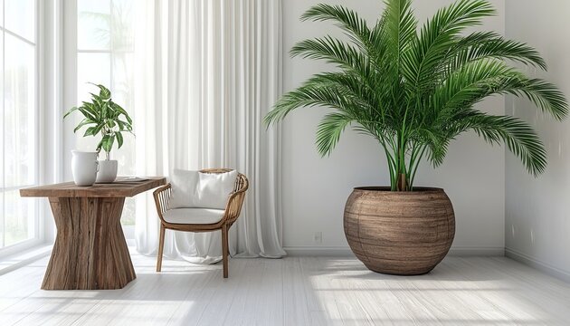 Minimalist Scandi Home Office Interior featuring Wooden Desk Comfortable Chair and Indoor Palm Plant
