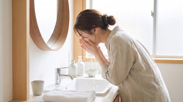 Japanese woman washing her face over a basin
