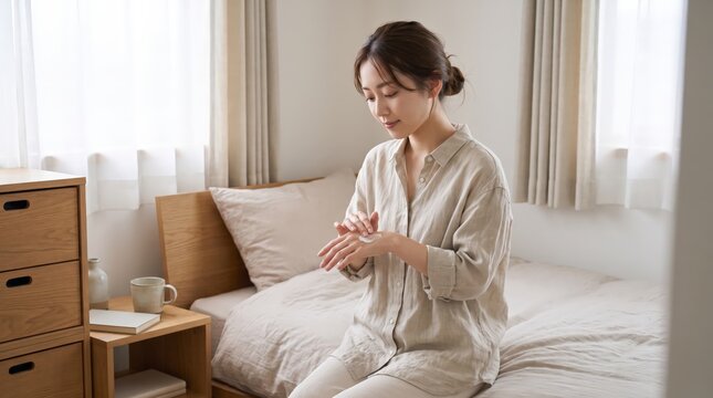 Seated on her bed, a Japanese woman rubs her hands