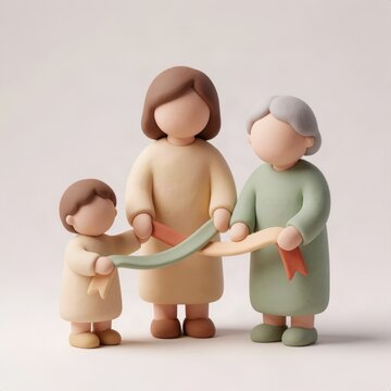 Clay child, mother and grandmother holding a ribbon together, concept of three generations, family bond and heritage