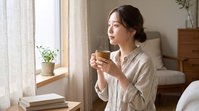 Japanese woman holding a mug beside a sunlit window