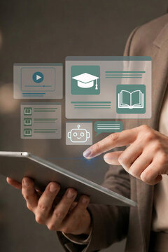 Online courses and AI learning platform concept. Digital education with interactive lessons and virtual learning assistant. Woman using educational technology on a tablet.