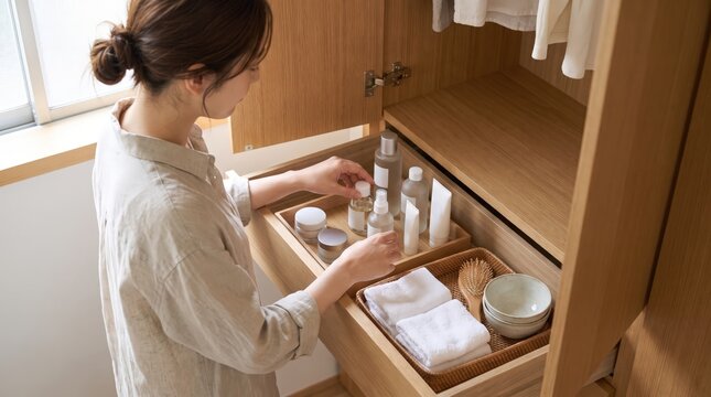 Overhead view of Japanese woman organizing skincare drawer