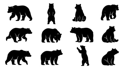 Fototapeta premium Black bear silhouette icons in various poses