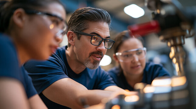 Faceless skilled trades specialist teaching apprentices machine setup in a manufacturing workshop, with copy space