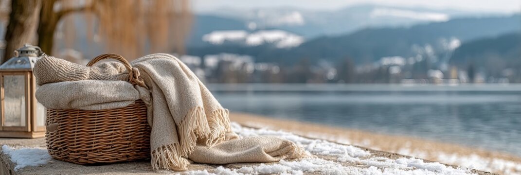 Cozy Warm Blanket in a Wicker Basket by a Frozen Lake with Scenic Snow Covered Mountain Landscape