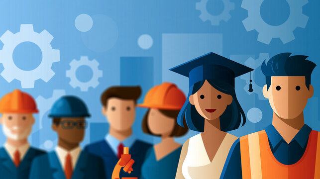 Illustration concept representing technical vocational training in industry, skilled workforce development, with copy space