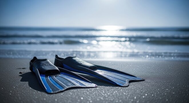 Pair of Scuba Diving Flippers Resting on Sandy Beach Near Ocean.