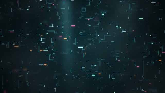 Abstract digital code data rain with coloured dashes on dark screen