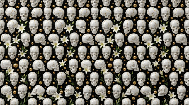 Seamless pattern with skulls, golden spheres, and lily flowers on generated using ai
