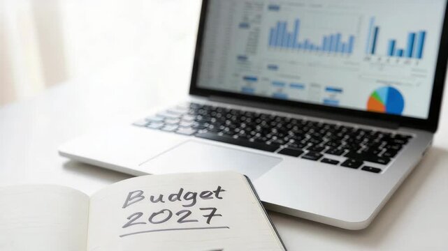 Budget 2027 written in notebook near laptop dashboard, financial planning workspace, expense analysis accounting forecast, annual report preparation business statistics, office strategy