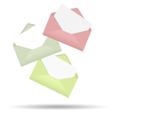 Three colorful envelopes against white background, 3D illustration