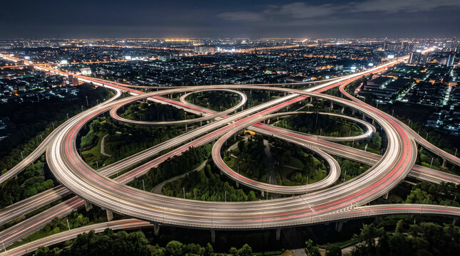 Aerial view of a busy city highway junction at night with light trails