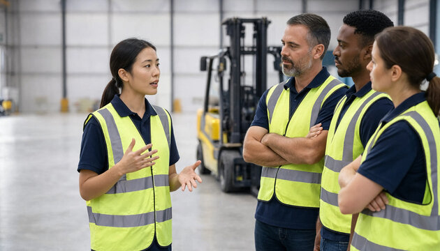 A young woman leads a workplace discussion with three warehouse workers wearing high visibility vests near a forklift in an industrial facility.