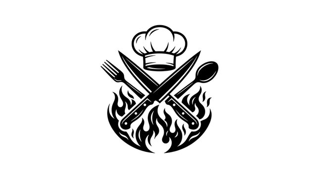 Chef hat and crossed utensils with fire icon