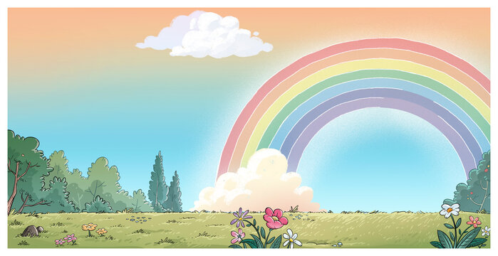 Countryside landscape with a rainbow, children's illustration