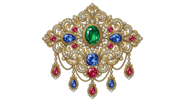Ornate vintage brooch with emerald, sapphires, rubies, and diamonds isolated on transparent background