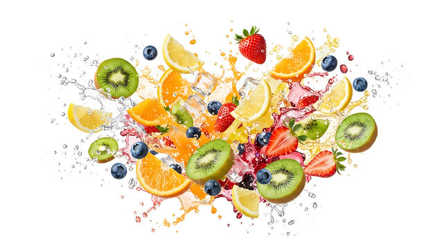 Colorful fruits and flowers floating in vibrant design