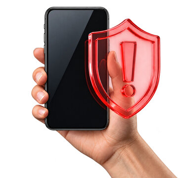 Hand holding smartphone with digital warning shield