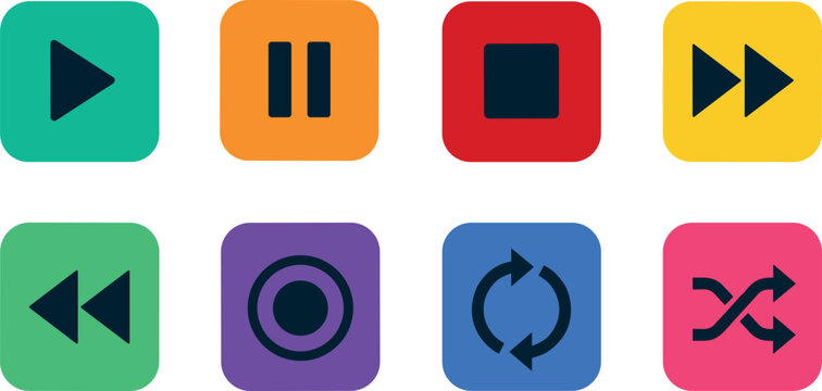 Set of colorful media player control buttons including play pause stop forward rewind record repeat and shuffle vector illustration