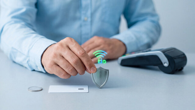 Contactless payment security and NFC card fraud protection concept, man holding shield with wireless padlock and checkmark near POS terminal, credit card and coin for cashless transaction