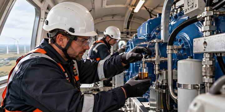 Technician collects a gearbox oil sample inside a wind turbine nacelle for condition monitoring and preventive maintenance.