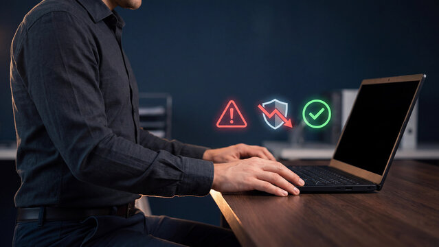 Risk management and cybersecurity threat mitigation concept, man typing on laptop with warning sign, shield with down arrow and green checkmark for business safety and compliance