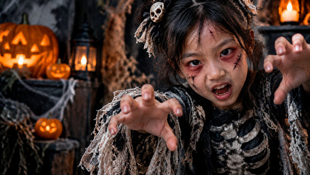Close-up portrait of a scary young Asian girl in a tattered skeleton costume reaching hands toward camera. Spooky Halloween child with zombie makeup and glowing pumpkins in dark background