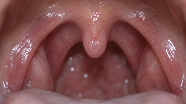 Human throat anatomy close up with uvula and tonsils inside open mouth