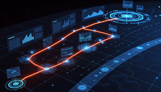 Neon lit digital route connecting multiple data points on a futuristic network