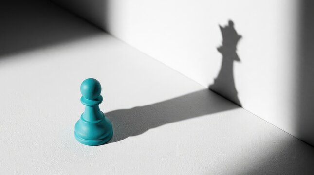 Single chess piece advancing toward shadowed opponent on plain surface
