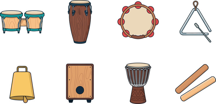 Set of percussion musical instruments including bongo conga djembe tambourine cajon cowbell triangle and claves vector illustration
