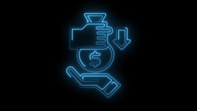 Neon money bag transfer depicting financial loss downward arrow on black background