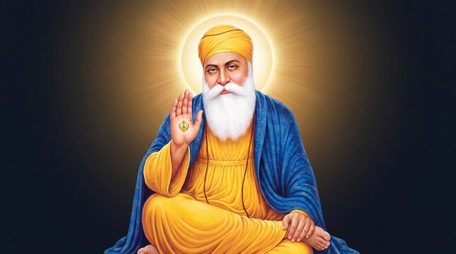 Illustration of Guru Nanak Dev Ji seated with divine aura and blessing hand gesture, spiritual artwork for Guru Nanak Jayanti Sikh festival celebration on black background See Less