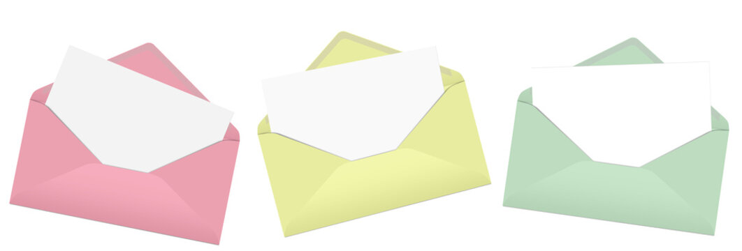 Three colorful envelopes against a white background, 3D illustration