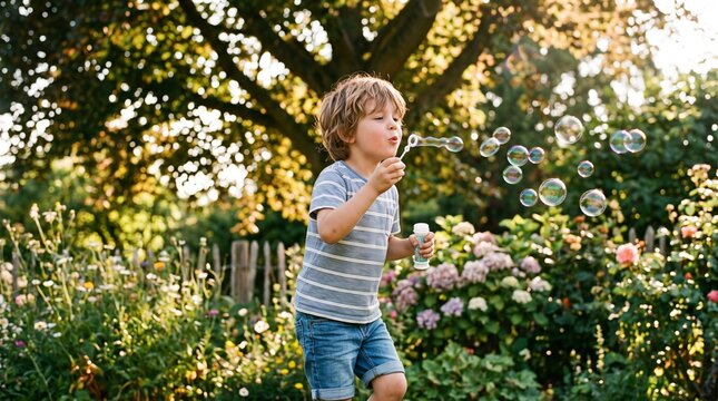 Menino soltando bolhas de sab&atilde;o em jardim ensolarado, cena leve e aut&ecirc;ntica sobre inf&acirc;ncia, divers&atilde;o e liberdade para campanhas comerciais contempor&acirc;neas