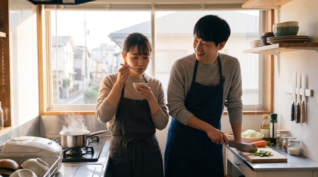 Tasting from a bowl beside a Japanese man chopping vegetables