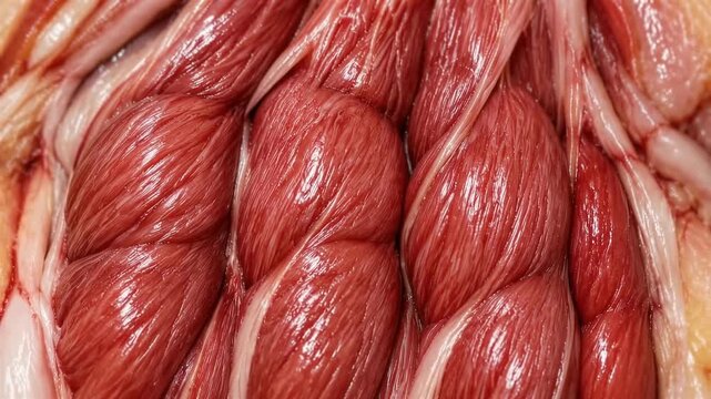 Skeletal muscle fibers contracting and flexing in macro close up view